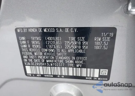 2020 Honda Hr-V 2Wd Sport z USA, uszkodzony, nr VIN 3CZRU5H13LM702377